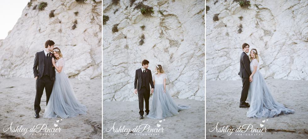 Bride and groom walking on the beach