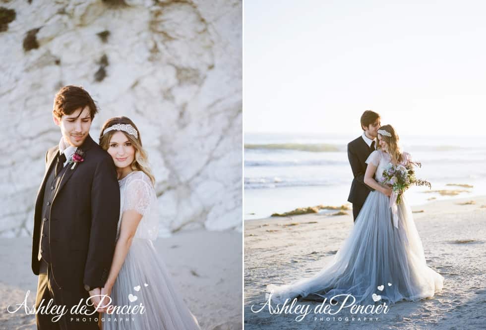 Groom and bride posing for portraits on the beach