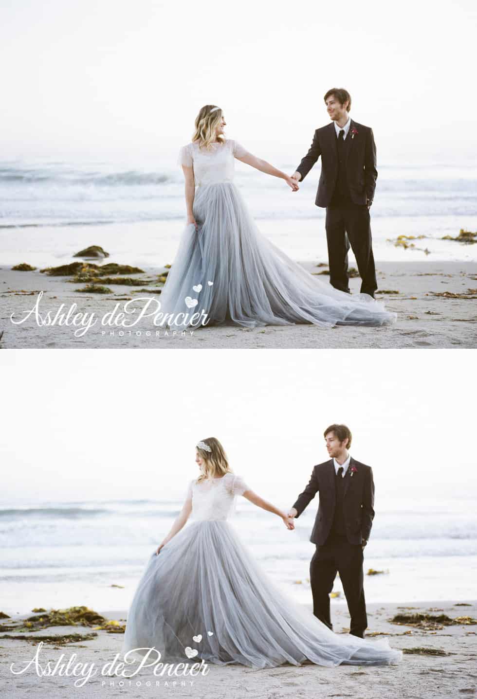 Seaside portraits of a bride and groom