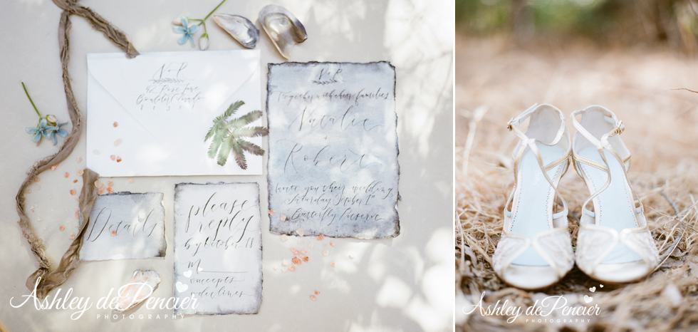 Beach-themed wedding invitations and shoes