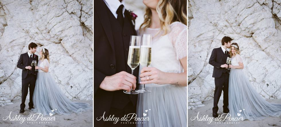 Bride and groom drinking champagne