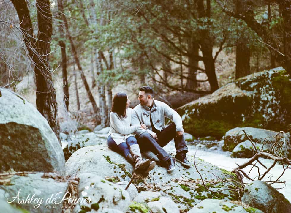 A couple sitting outside on some rocks