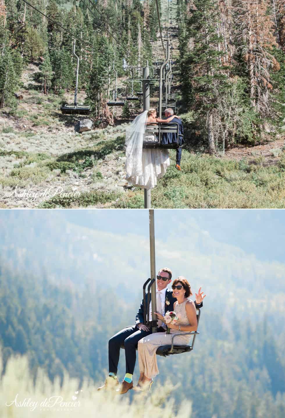 Wedding party riding the ski lift