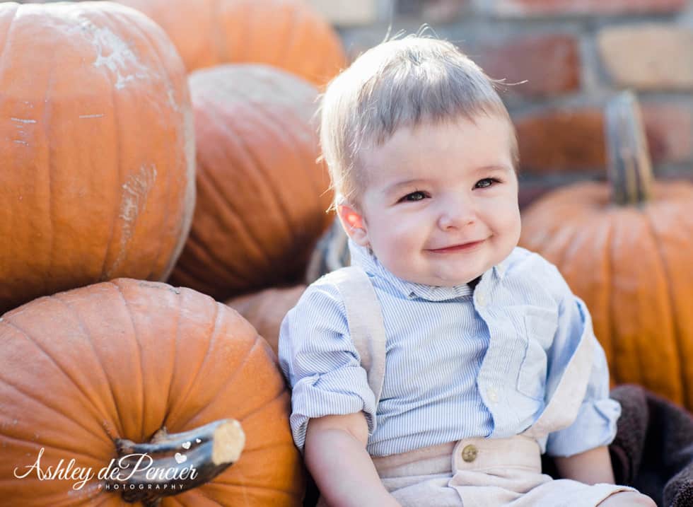 Little boy smiling sitting with pumpkins