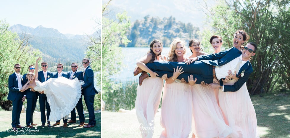 bride and groom being held by bridal party