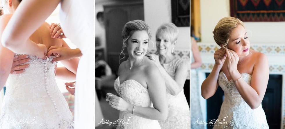 Mom helping bride with her wedding dress