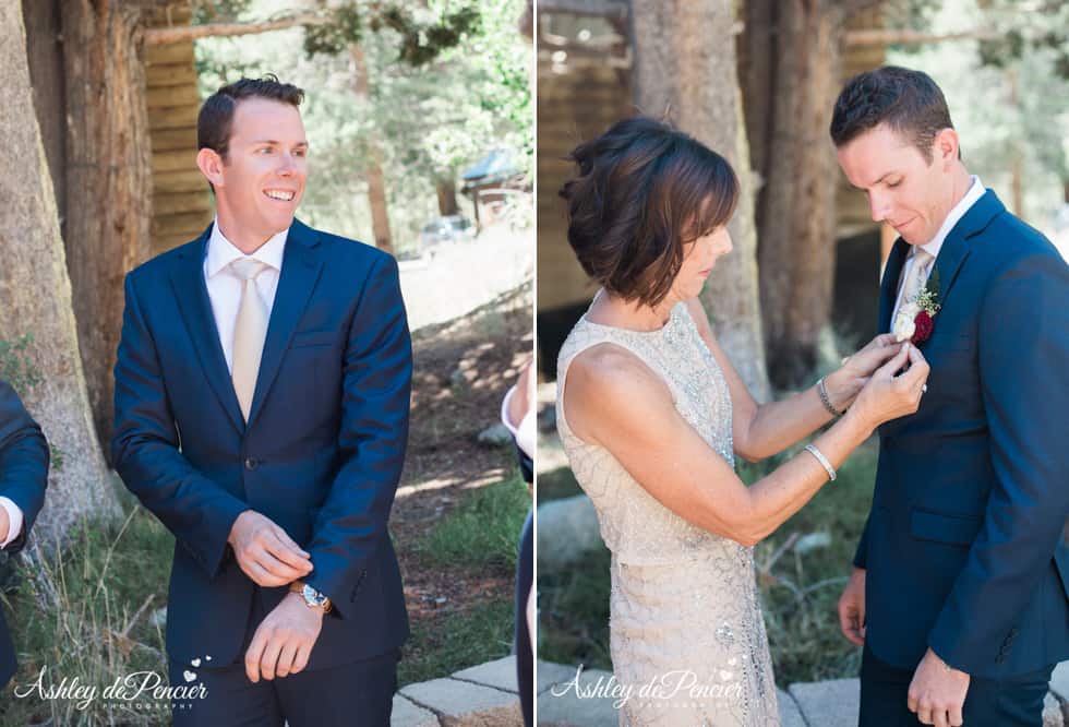 Mom helping groom with lapel flower