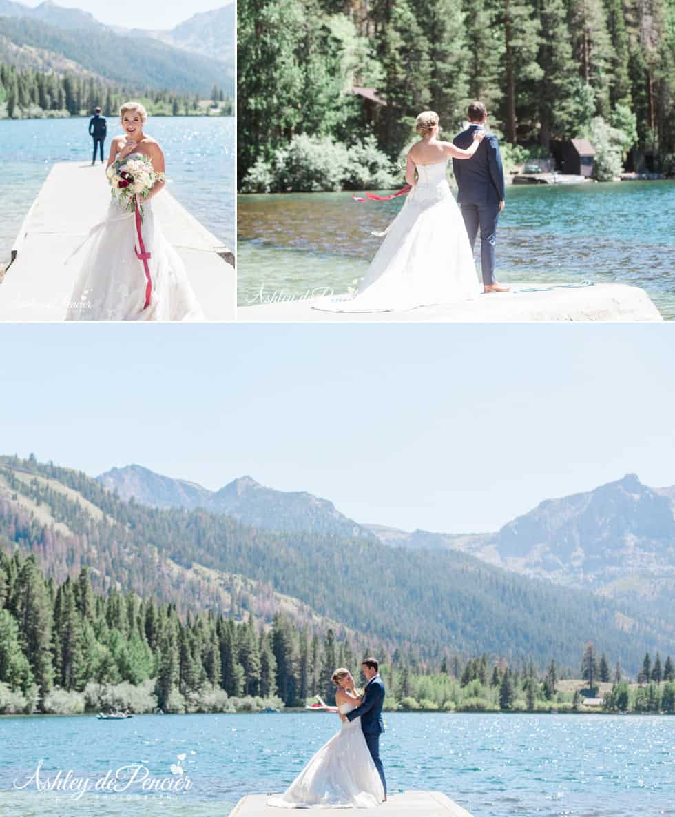 Bride and groom standing by June Lake