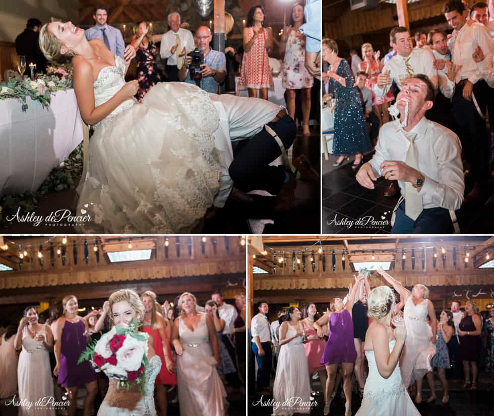 Groom taking off bride's garter