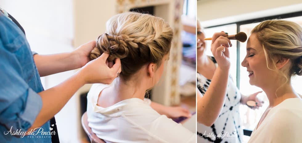 Bride getting her hair done on her wedding day