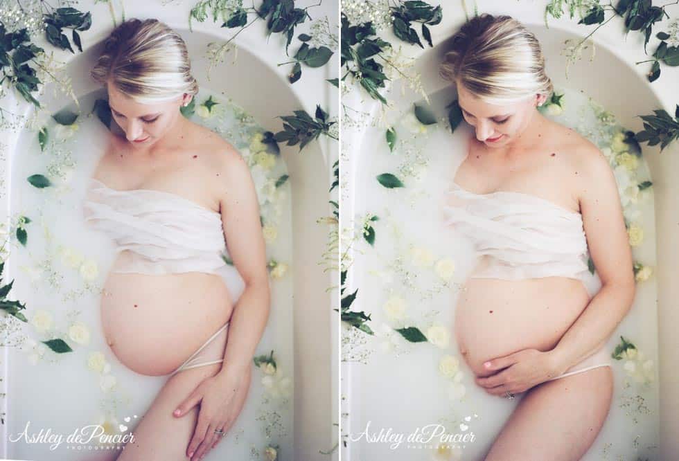 portrait of a pregnant woman in a milk bath