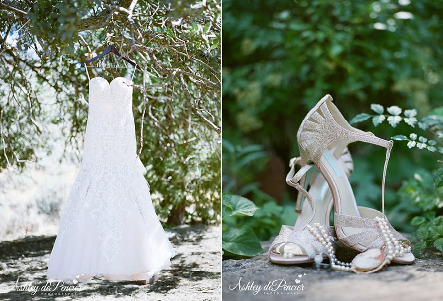 Portrait of a wedding dress and shoes