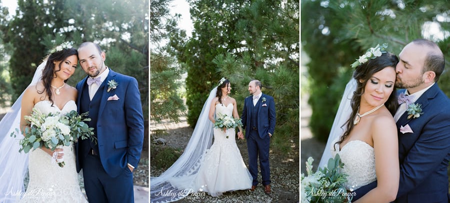 Bride and groom walking together outside