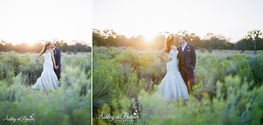 Sunset portraits of a bride and groom