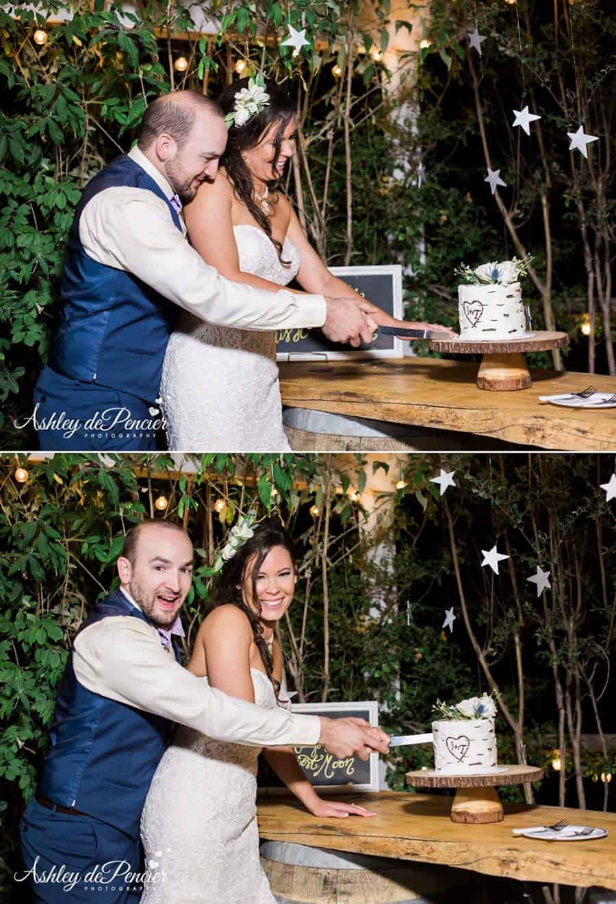 Bride and groom cutting a cake