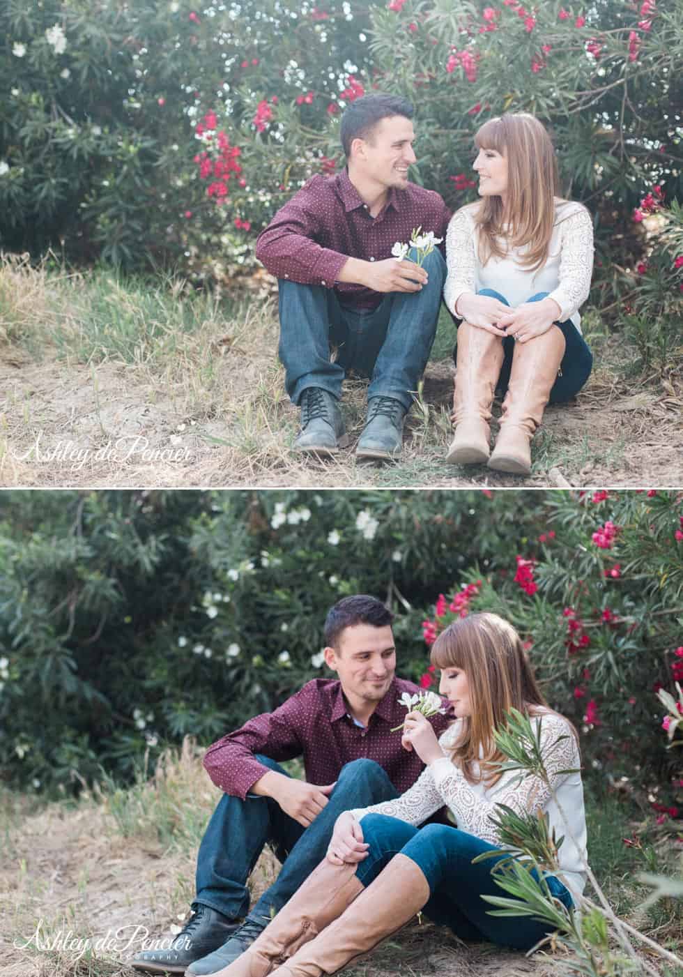 Engaged couple sitting outside talking