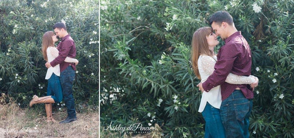 engaged couple kissing in orange grove, california